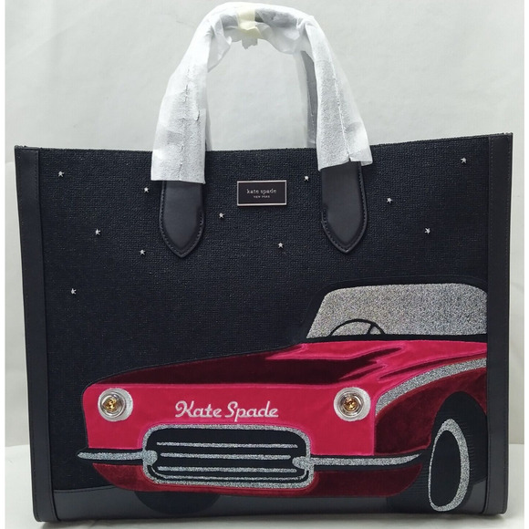 Kate Spade New York Manhattan Black Canvas Car Embellished Large Tote Bag NWT - Picture 2 of 16